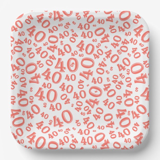Age 40 Random Number Pattern Coral/White Paper Plates (Front)
