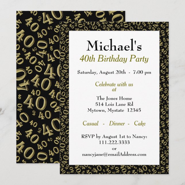 Age 40 Random Number Pattern Gold/Black 40th Invitation (Front/Back)