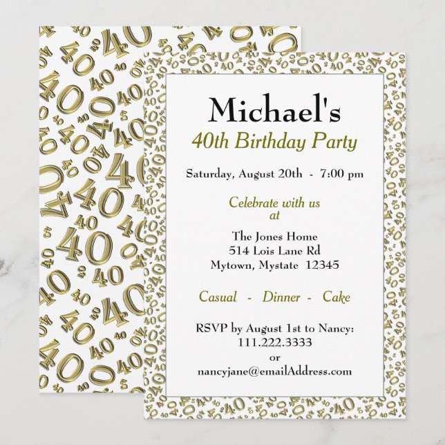 Age 40 Random Number Pattern Gold/White 40th Invitation (Front/Back)