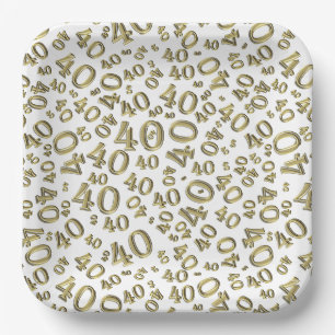 Age 40 Random Number Pattern Gold/White Paper Plates