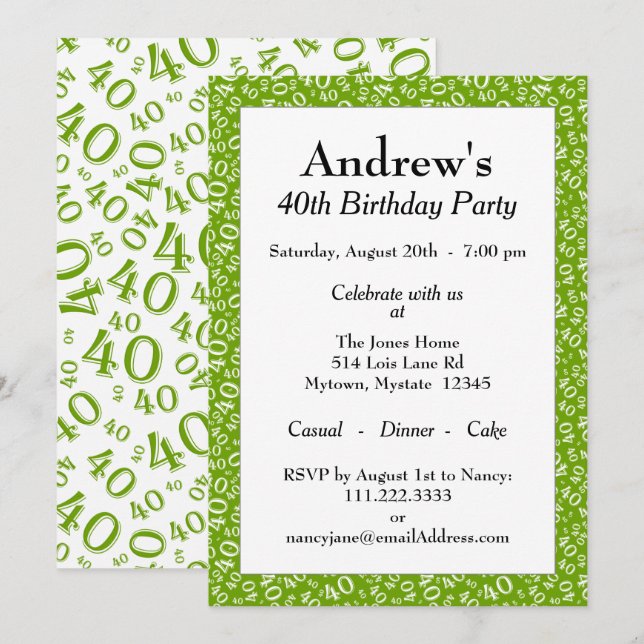 Age 40 Random Number Pattern Green/White 40th Invitation (Front/Back)