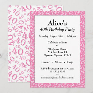 Age 40 Random Number Pattern Pink/White 40th Invitation