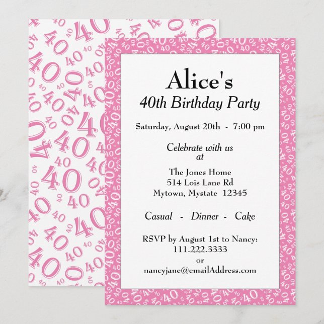 Age 40 Random Number Pattern Pink/White 40th Invitation (Front/Back)