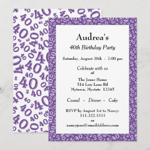 Age 40 Random Number Pattern Purple/White 40th Invitation
