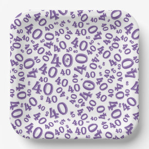 Age 40 Random Number Pattern Purple/White Paper Plates