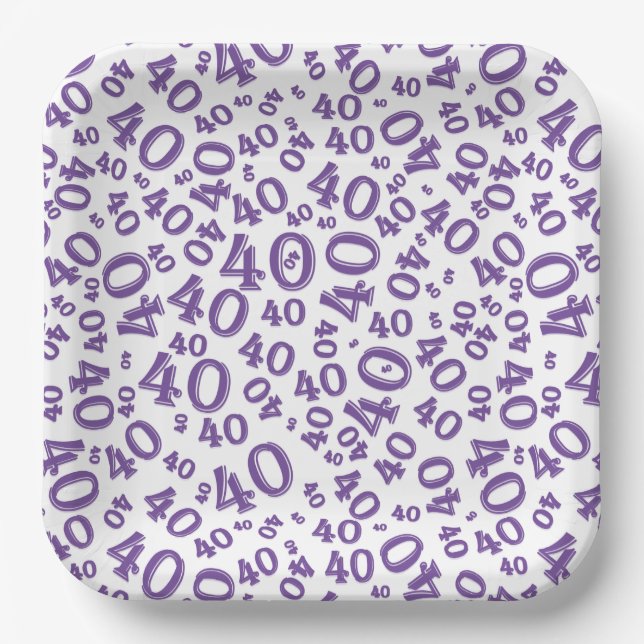 Age 40 Random Number Pattern Purple/White Paper Plates (Front)