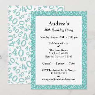Age 40 Random Number Pattern Teal/White 40th Invitation