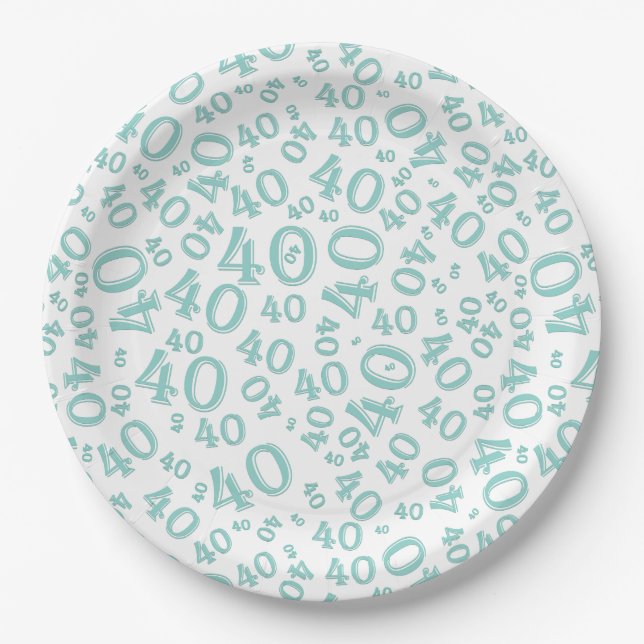 Age 40 Random Number Pattern Teal/White Paper Plates (Front)