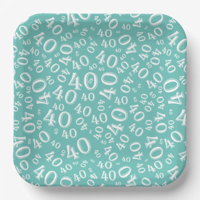 Age 40 Random Number Pattern Teal/White Paper Plates (Front)