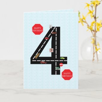 Age 4, 4th birthday, toy cars and road card | Zazzle