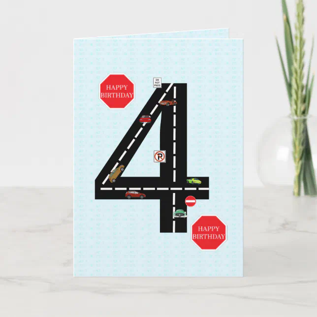 Age 4, 4th birthday, toy cars and road card | Zazzle