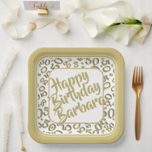 Age 50 Random Number Pattern Gold/White Paper Plates