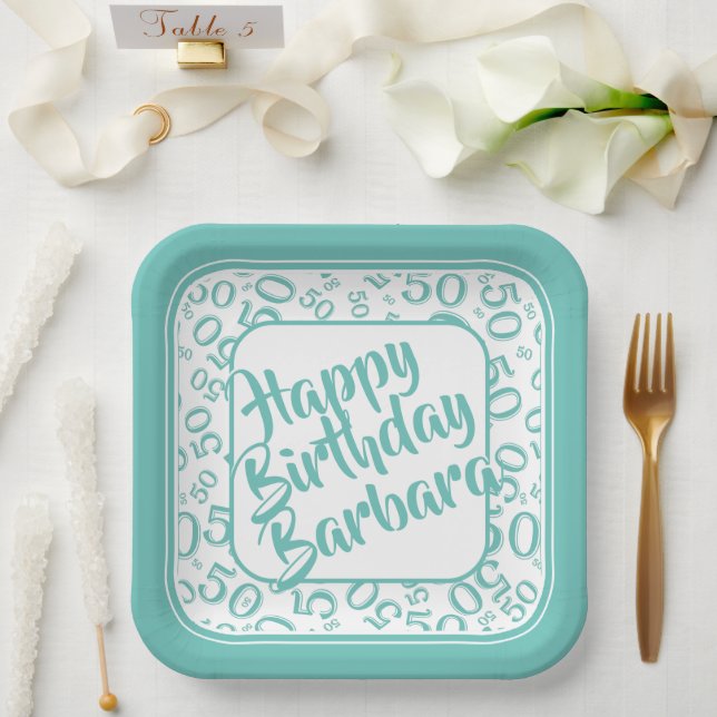 Age 50 Random Number Pattern Teal/White Paper Plates (Wedding)