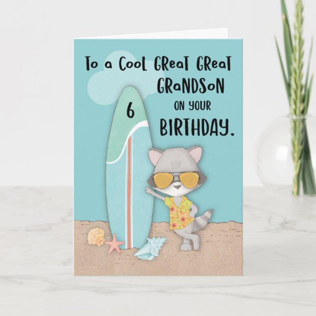 Age 6 Great Great Grandson Birthday Beach Raccoon Card (Front)