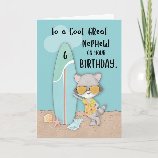 Age 6 Great Nephew Birthday Beach Funny Raccoon Card (Front)