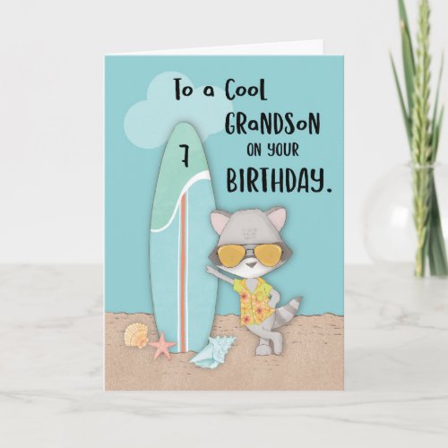 Age 7 Grandson Birthday Beach Funny Cool Raccoon  Card