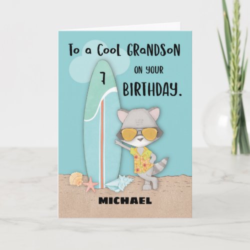 Age 7 Grandson Birthday Beach Funny Cool Raccoon  Card