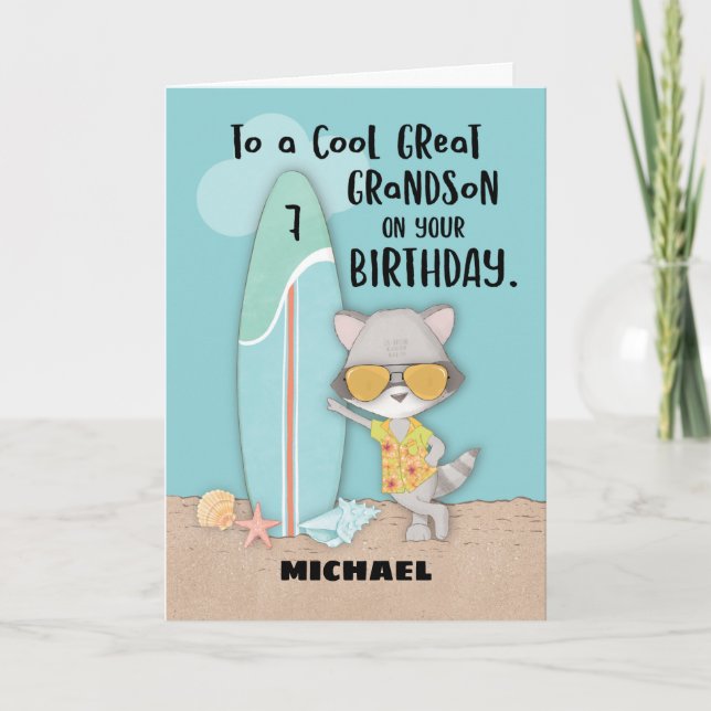 Age 7 Great Grandson Birthday Beach Funny Raccoon Card (Front)