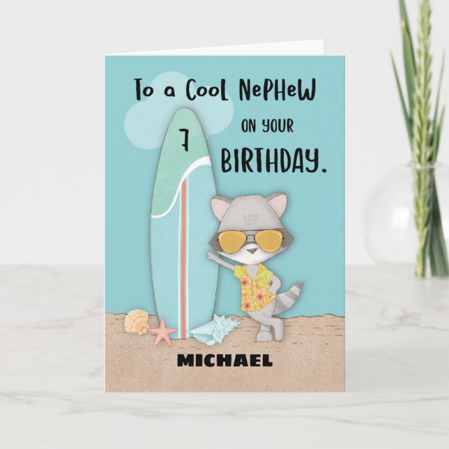 Age 7 Nephew Birthday Beach Funny Cool Raccoon  Card (Front)