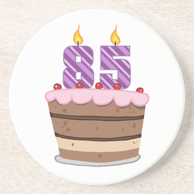 Age 85 on Birthday Cake Sandstone Coaster (Front)
