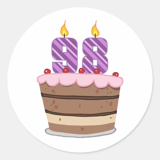 Age 98 on Birthday Cake Classic Round Sticker (Front)