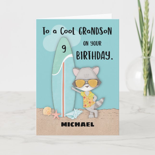 Age 9 Grandson Birthday Beach Funny Cool Raccoon  Card (Front)