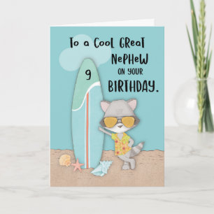 Age 9 Great Nephew Birthday Beach Funny Raccoon Card
