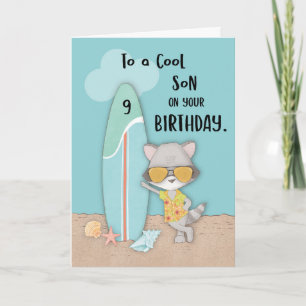 Age 9 Son Birthday Beach Funny Cool Raccoon Card