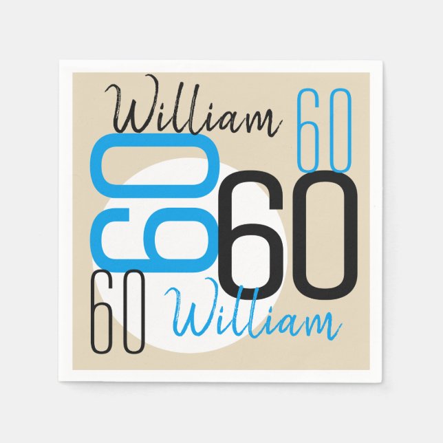 Age and Name 60th Birthday Blue Beige Paper Napkins (Front)