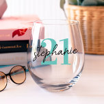 Age and Name Birthday Stemless Wine Glass<br><div class="desc">Personalized birthday stemless wineglass featuring the persons age in a teal blue,  which can be changed to any color,  and their name in a elegant script font.</div>