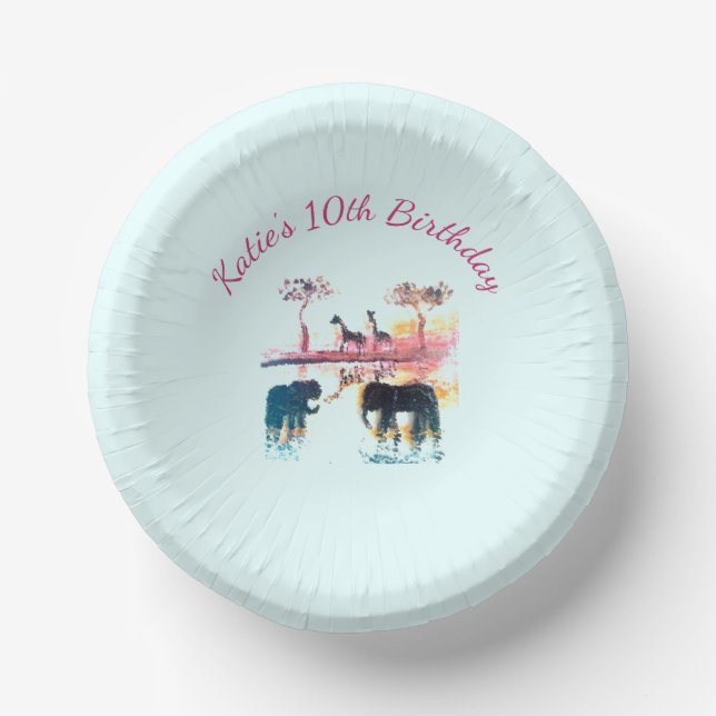 Age Birthday Elephant, Giraffe Animal Paper Bowls (Front)