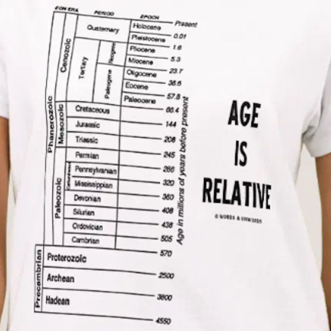 Age Is Relative (Geological Time Humor) T-Shirt (Geological time attitude tee featuring eons, epochs, periods & scientific advice "Age Is Relative")