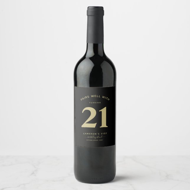 Age Minimalist Black & Gold 21st Wine Label (Front)
