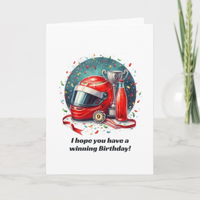 Age Monogram Race Car Birthday Winning Celebration Card (Front)