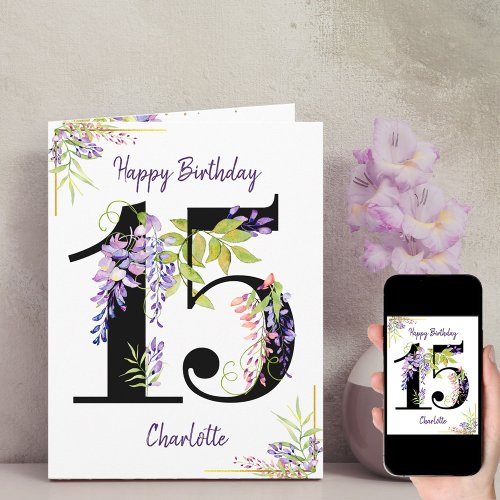 Age Number 15 Floral Personalized 15th Birthday Card