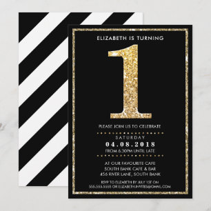 AGE NUMBER INVITE modern 1 gold glitter black