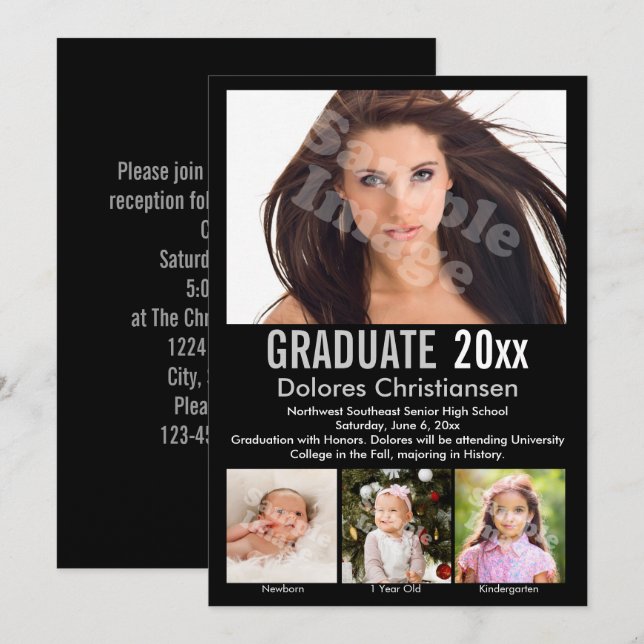 Age Progression Photo Black Modern Graduation Invitation (Front/Back)