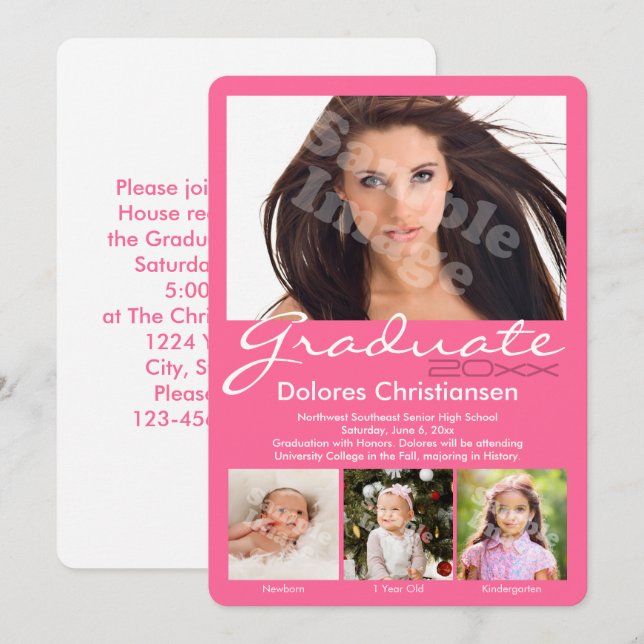 Age Progression Photo Pink Modern Graduation Invitation (Front/Back)