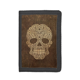 Aged and Scratched Swirling Sugar Skull Trifold Wallet