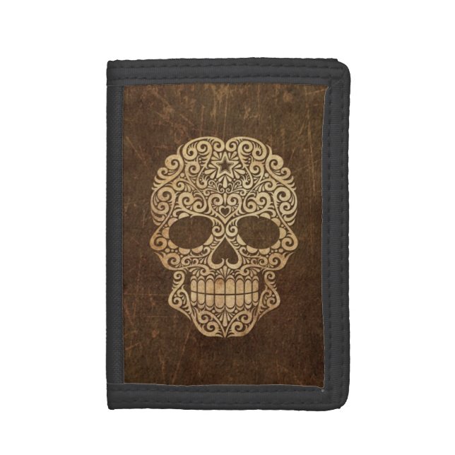 Aged and Scratched Swirling Sugar Skull Trifold Wallet (Front Vertical)