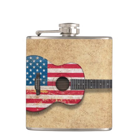 Aged And Worn American Flag Acoustic Guitar Hip Flask