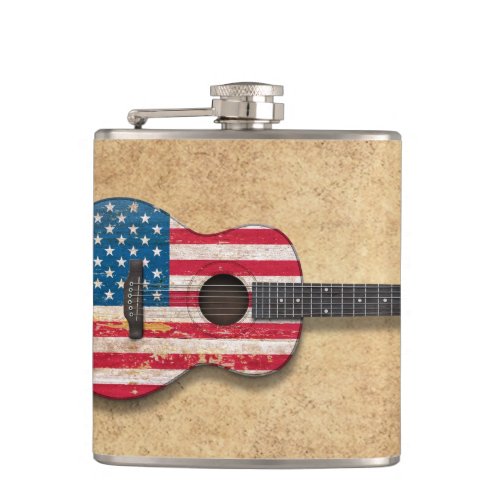 Aged and Worn American Flag Acoustic Guitar Hip Flask