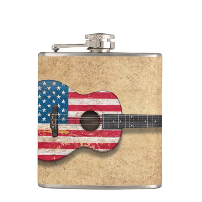 Aged and Worn American Flag Acoustic Guitar Hip Flask (Front)