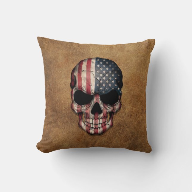 Aged and Worn American Flag Skull Throw Pillow (Front)