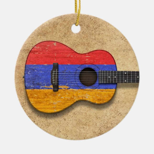 Aged and Worn Armenian Flag Acoustic Guitar Ceramic Ornament (Front)