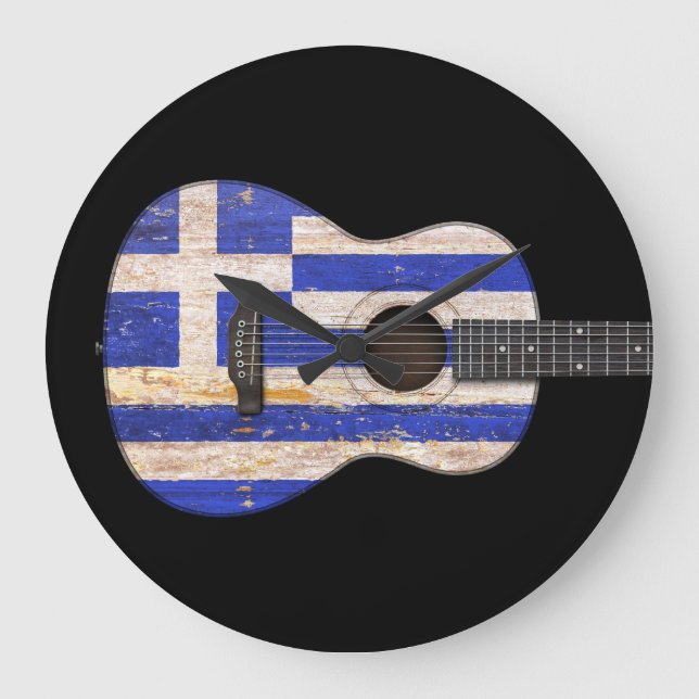 Aged and Worn Greek Flag Acoustic Guitar, black Large Clock (Front)