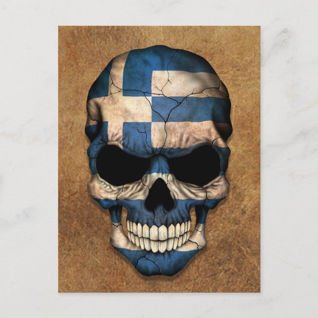 Aged and Worn Greek Flag Skull Postcard (Front)