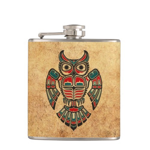Aged and Worn Haida Spirit Owl Hip Flask