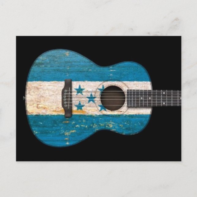 Aged and Worn Honduras Flag Acoustic Guitar, black Postcard (Front)