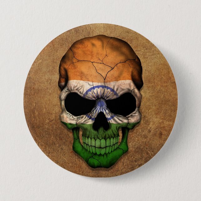 Aged and Worn Indian Flag Skull Button (Front)
